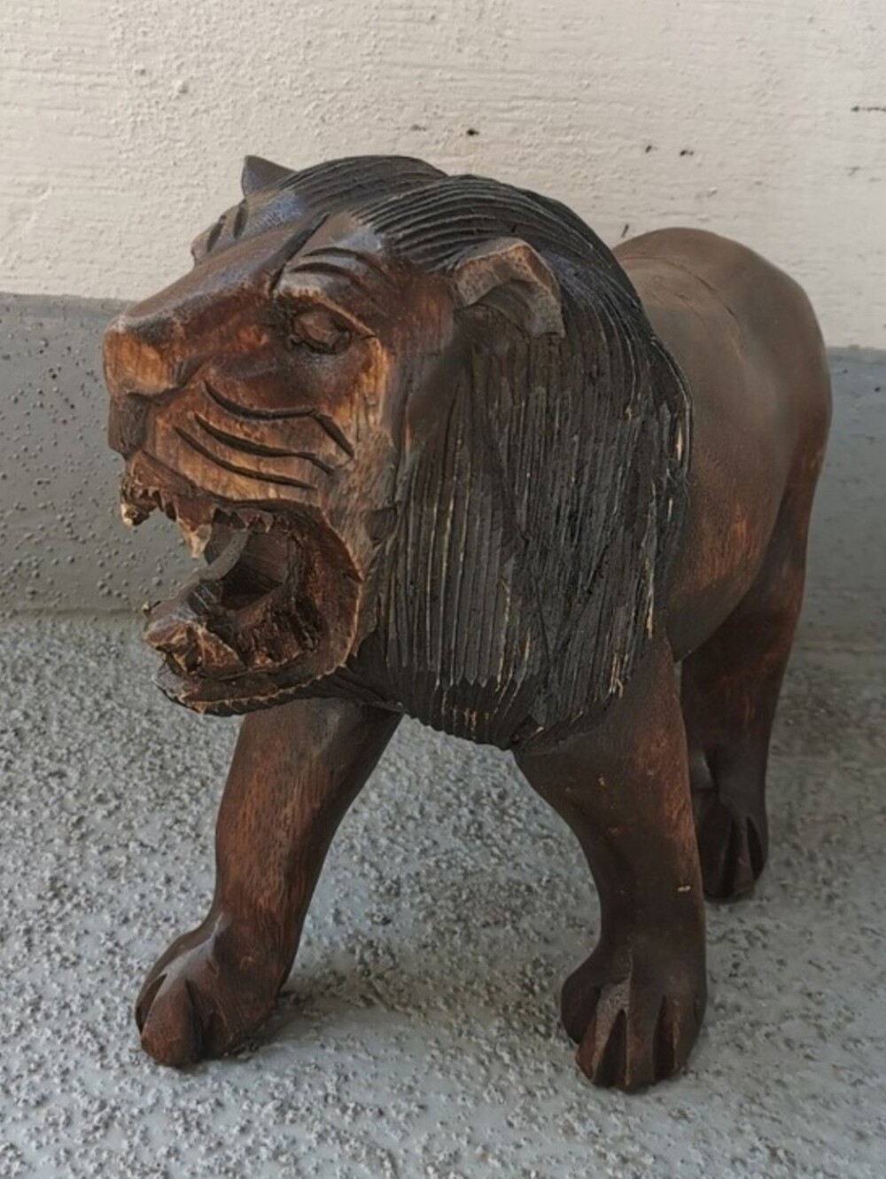Vintage Hand Carved Wooden Lion Sculpture Large Folk Art Decor